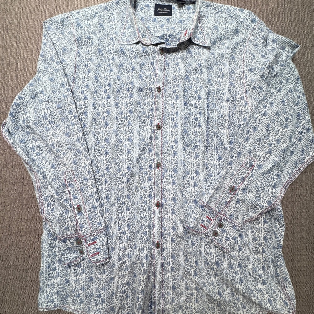 Indigo Palms Mens Large Cotton Floral Paisley Button Down Shirt Blue White Red
